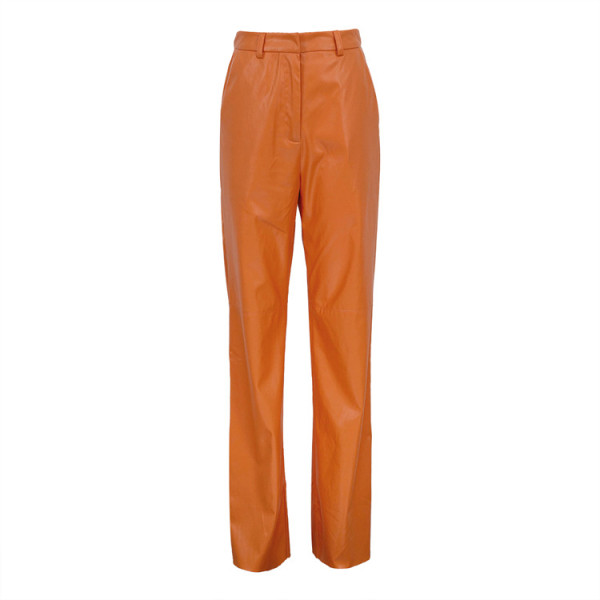 Fashion slim and slim PU casual straight trousers Women's long leather trousers are brushed