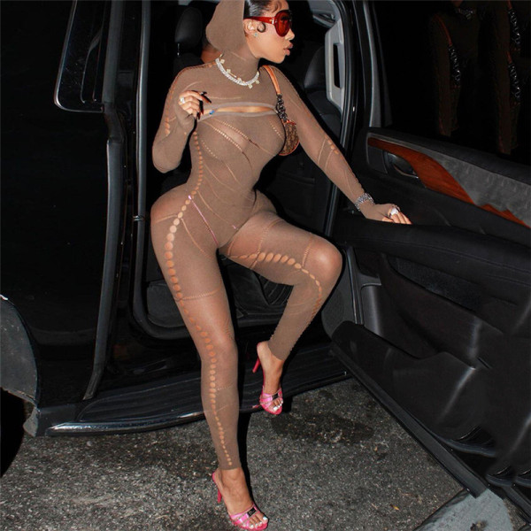 Sexy hollow perspective hooded high waist tight knit one-piece pants