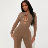 Fashion Women's Solid Color Split Sexy Hollow out Distressed Rib Bodysuit