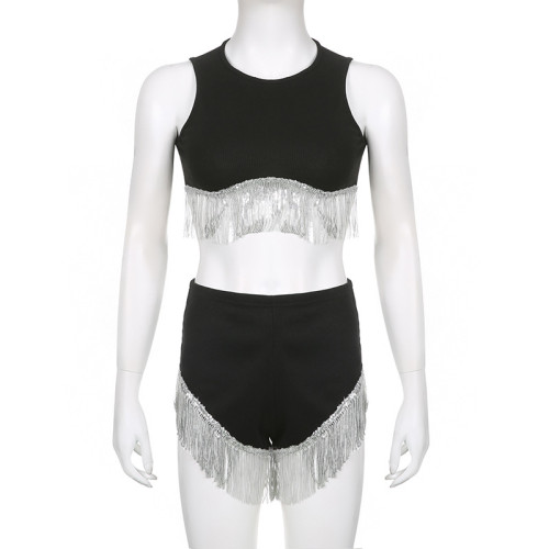 Fashion party sexy women's sequins tassels splicing open navel vest briefs casual suit