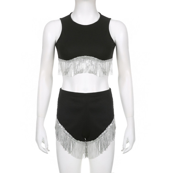 Fashion party sexy women's sequins tassels splicing open navel vest briefs casual suit