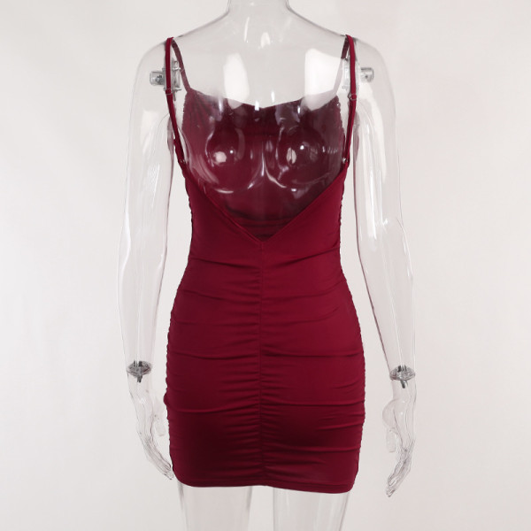 Sexy Pleated Backless Slim Retro Hip Wrap Dress Fashion Party Dress