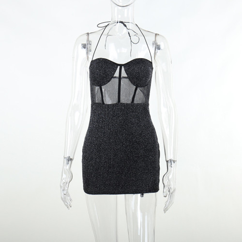 Sexy halter shiny waist see through hip wrap dress Bar party dress
