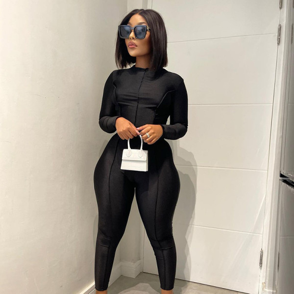 Reversible solid color basic tight long sleeve jumpsuit trousers
