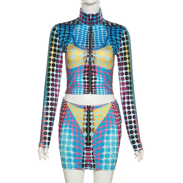Sexy printing mercerized tight top high waist hip wrap skirt suit
