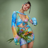 Colorful Butterfly Lace Up Umbilical Long Sleeve Mini Skirt