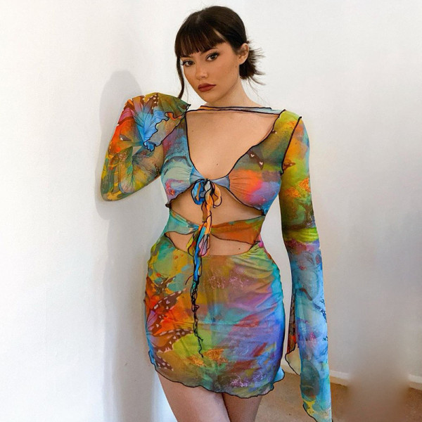 Colorful Butterfly Lace Up Umbilical Long Sleeve Mini Skirt