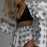 Loose printed women's casual lace up long sleeved pajamas high waist shorts suit housewear