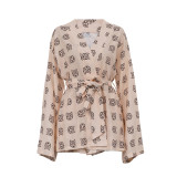 Loose printed women's casual lace up long sleeved pajamas high waist shorts suit housewear