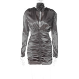 Fashionable sexy low cut V-neck satin slim pleated dress
