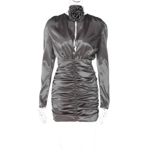 Fashionable sexy low cut V-neck satin slim pleated dress