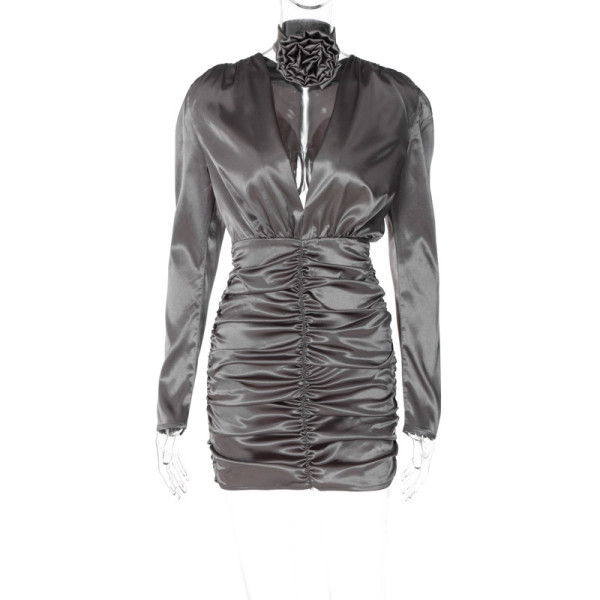 Fashionable sexy low cut V-neck satin slim pleated dress