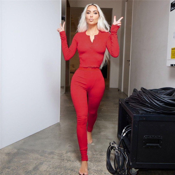 Sexy round neck button top tights casual sports suit