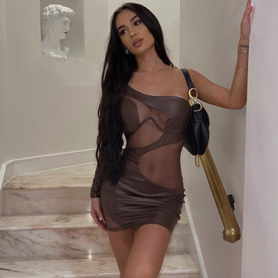 Fashion Diagonal Shoulder Mesh Stitch Sexy Perspective Bodysuit Dress