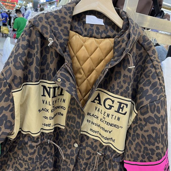 Color blocked heavy industry embroidery letters loose large casual cotton coat