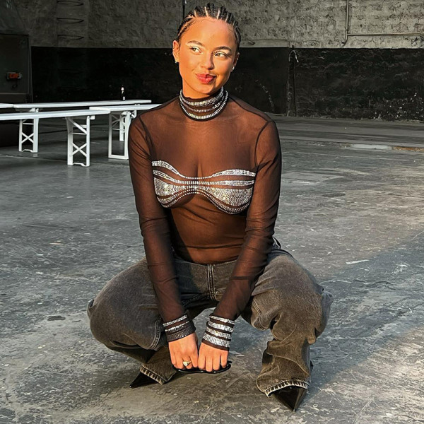 Fashion sexy mesh perspective hot drilling bodysuit