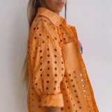 Fresh and sweet lapel long sleeve polka dot hollow patch pocket shirt top