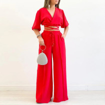 Solid V-neck short sleeve shirt high waist wide leg pants fashion casual suit