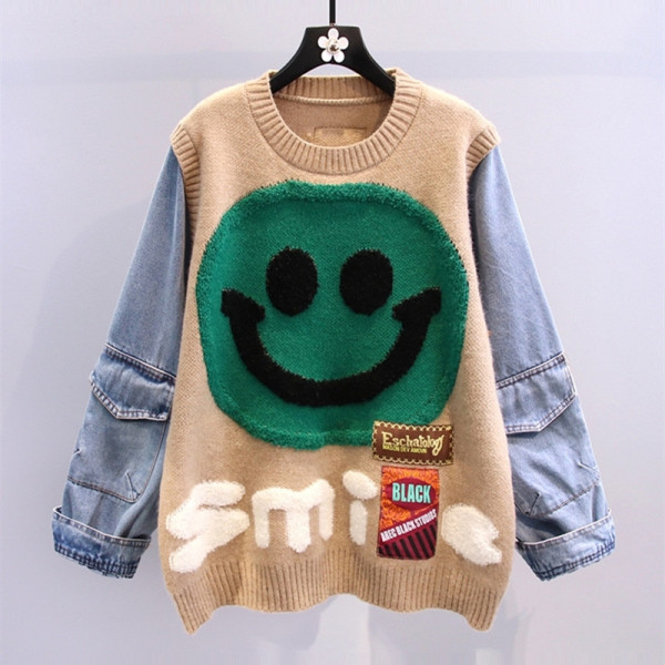 Denim splicing cartoon smiling face pullover sweater loose lazy style knitting coat