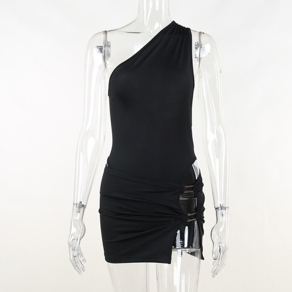 Sexy big exposed back sloping shoulder one-piece dress hollow short skirt suit casual women's dress