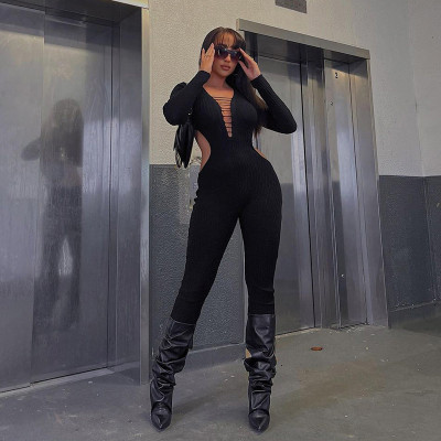 Fashion style open back hollow V-neck knitted jumpsuit
