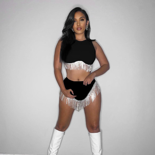 Fashion party sexy women's sequins tassels splicing open navel vest briefs casual suit