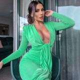 Sexy V-neck Fashion Style Waist Tie Slim Wrap Hip Mid length Dress
