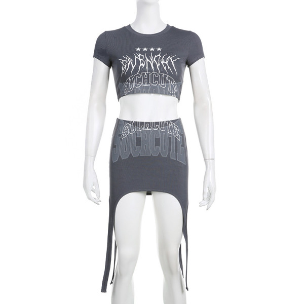 Vintage dark letter printed round neck super short exposed navel short sleeve top high waist irregular skirt two-piece set