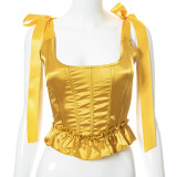 Fashion green ruffle silk lace waist top