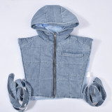 Denim cotton clip wash hooded sleeveless tooling short vest