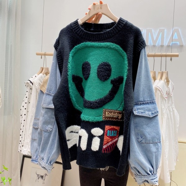 Denim splicing cartoon smiling face pullover sweater loose lazy style knitting coat