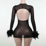 Sexy fur embroidered long sleeved perspective dress butterfly print slim revealing backpack hip skirt