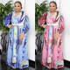Women's chiffon V-neck printing large hem long sleeve dress