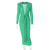 Sexy V-neck Fashion Style Waist Tie Slim Wrap Hip Mid length Dress