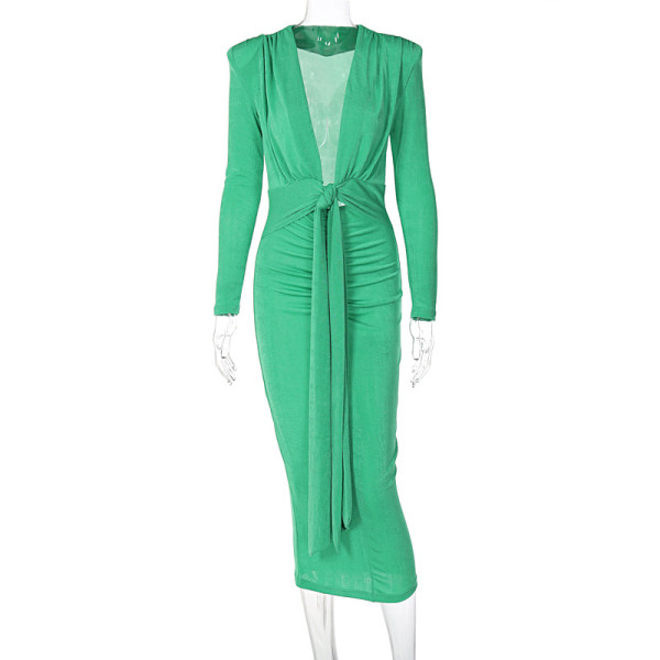 Sexy V-neck Fashion Style Waist Tie Slim Wrap Hip Mid length Dress