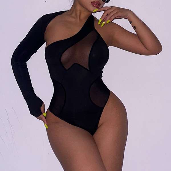 One shoulder mesh panel sexy jumpsuit cut out jumpsuit