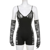 Women's lace sleeve splicing sexy semi transparent V-neck sling one-piece shorts