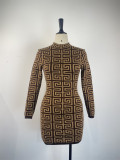 Women's tight knit one-piece dress, medium length, slim fitting sweater, bottom skirt