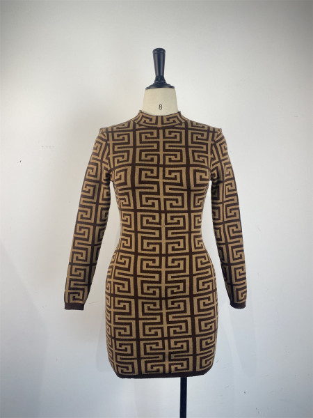 Women's tight knit one-piece dress, medium length, slim fitting sweater, bottom skirt