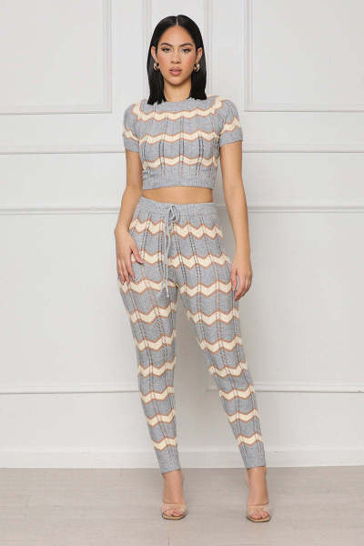 Color blocking wool woven suit wave pattern tight knit two-piece set