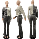 Fashionable splicing strap long sleeve contrast sexy Korean velvet casual two-piece set
