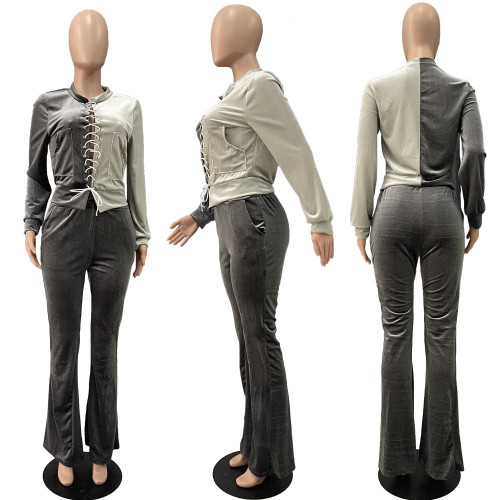 Fashionable splicing strap long sleeve contrast sexy Korean velvet casual two-piece set