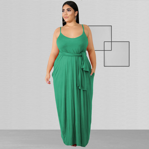 Solid color sling wide loose long section with belt large size women's dress OSS20708