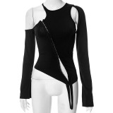 Round Neck Hollow out Long Sleeve Buckle Off Shoulder Fitted T-shirt Top
