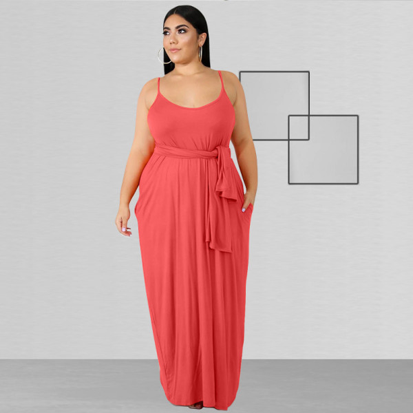 Solid color sling wide loose long section with belt large size women's dress OSS20708