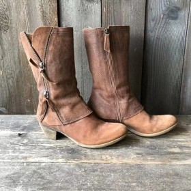 Oversized Women's Shoes Vintage Leather Splice Side Zipper Coarse Heel Knight Boots