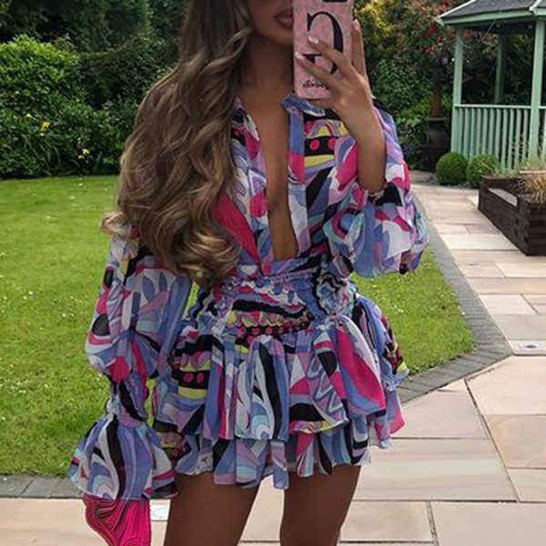 Women's sexy shirt skirt print temperament commuter waist closing dress