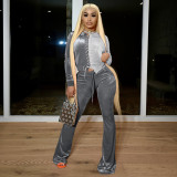 Fashionable splicing strap long sleeve contrast sexy Korean velvet casual two-piece set