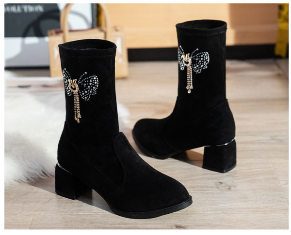 Oversized women's shoes Black suede rhinestone pattern thick heel bright edge fashion single shoes