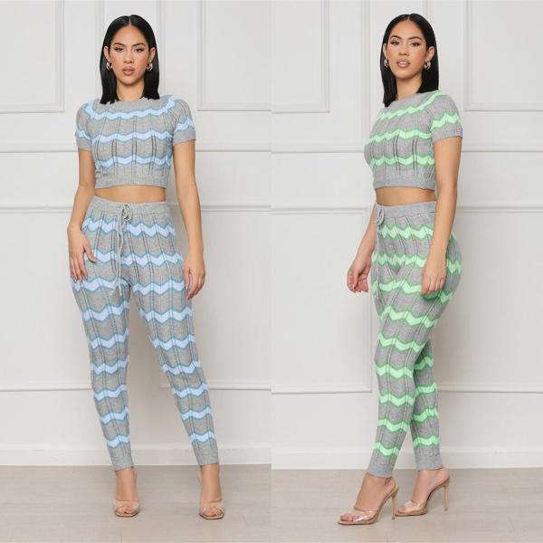 Color blocking wool woven suit wave pattern tight knit two-piece set